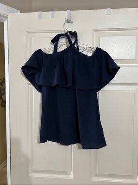 Michael Kors Navy Off-Shoulder Ruffle Halter Camisole